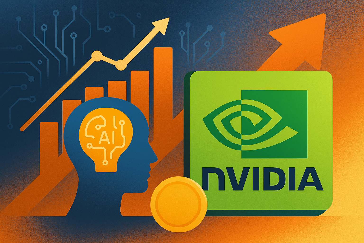 Illustration of Nvidia logo with upward arrow, AI brain silhouette, bar chart, and digital circuits representing AI growth and investment.