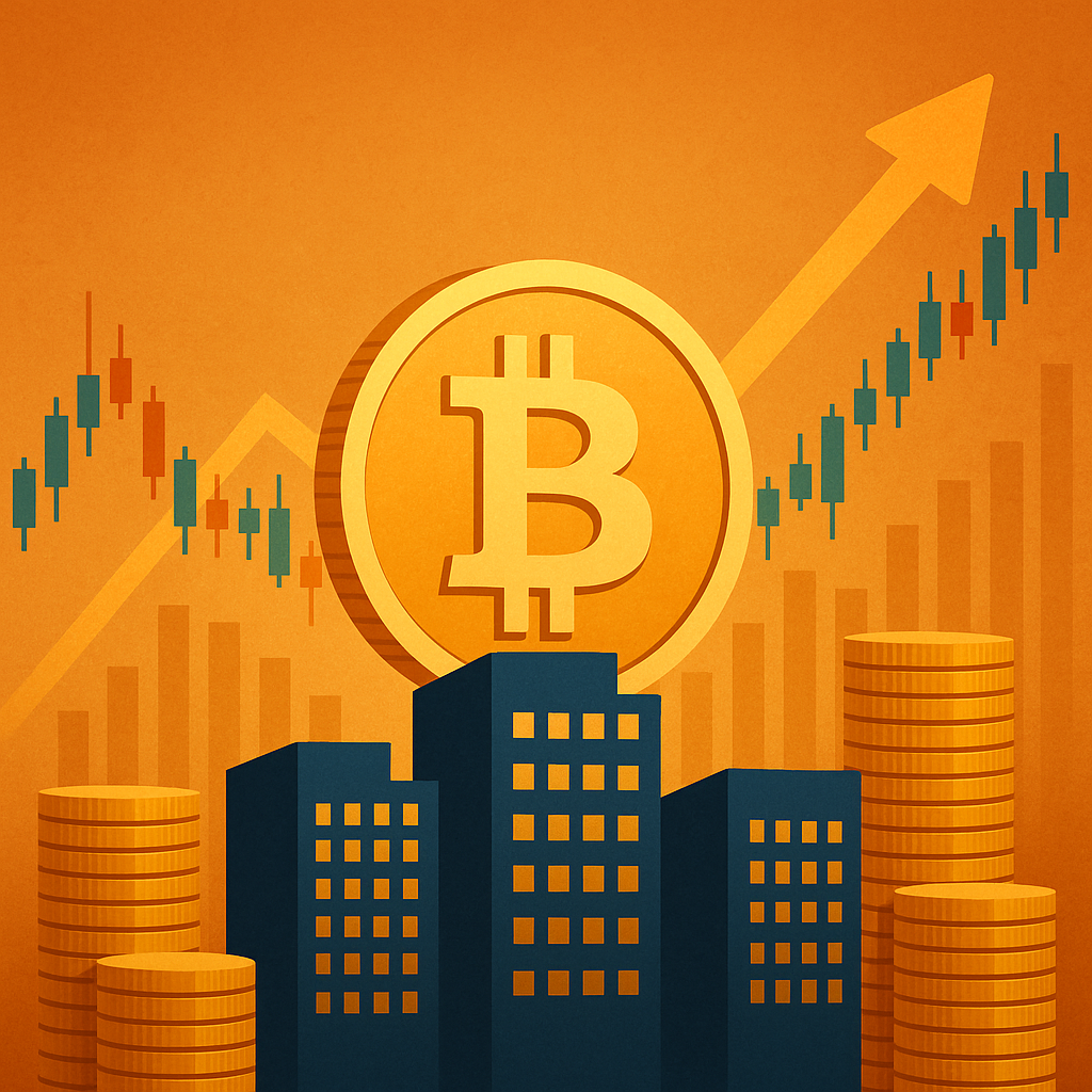 A stylized image of a large Bitcoin symbol rising above buildings and stacks of coins, with bullish candlestick charts and an upward arrow in the background, symbolizing market growth.