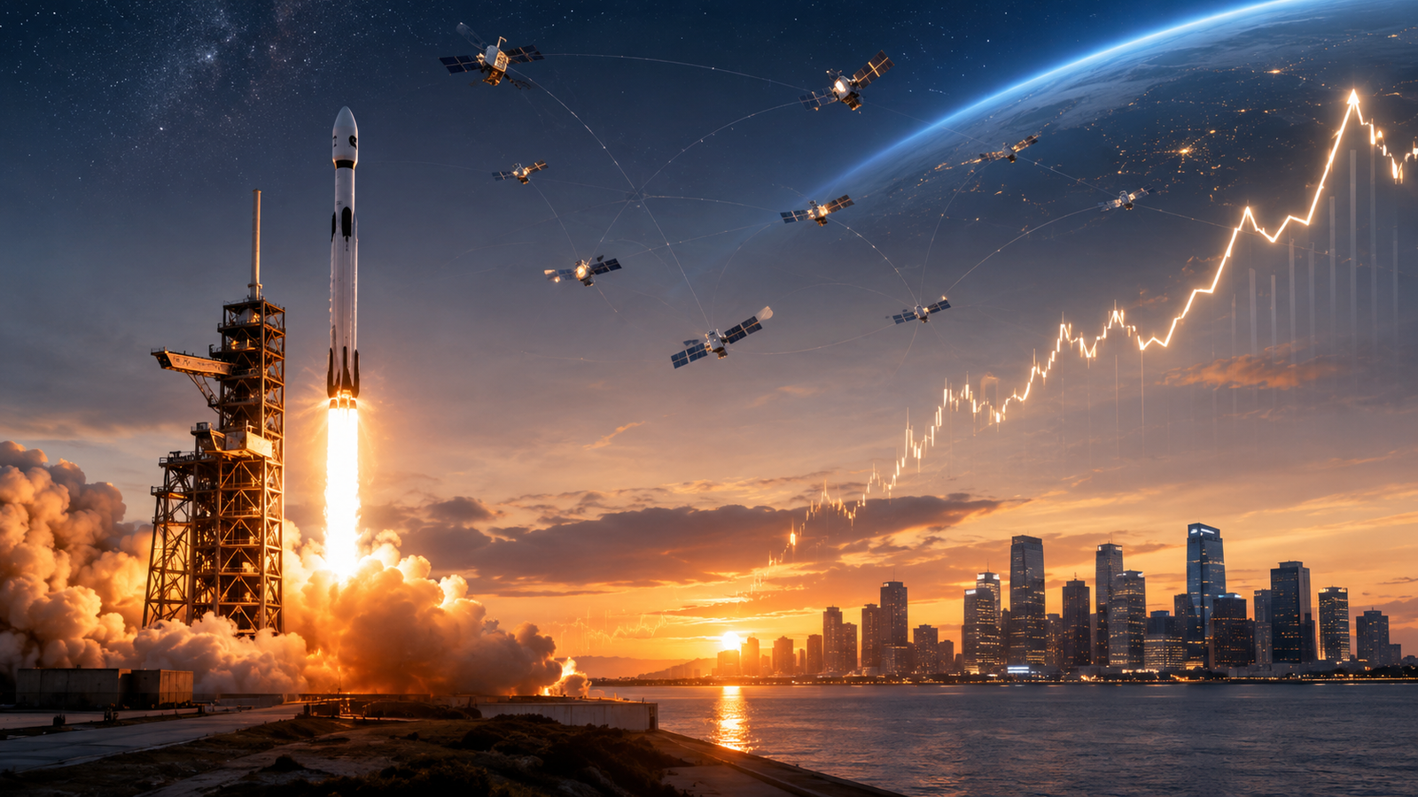 Photorealistic rocket launch with satellites, city skyline, and rising market-style light trail symbolizing SpaceX IPO interest and space economy growth.