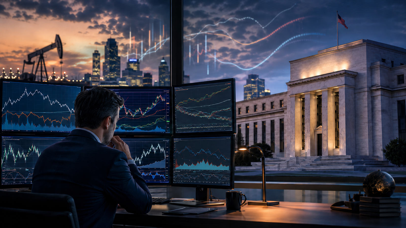 Financial analyst reviews market charts as a central-bank-style building, city skyline, and energy infrastructure symbolize inflation, interest rates, and Wall Street uncertainty.