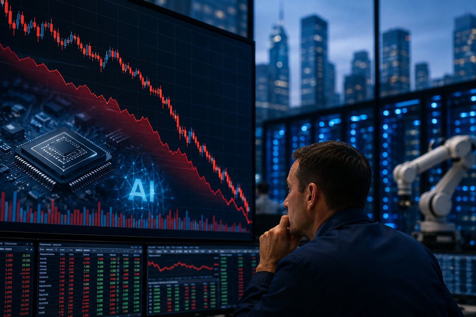 Trader studies a sharply declining semiconductor stock chart with AI chip imagery, data-center servers, and robotics in a high-tech trading room.