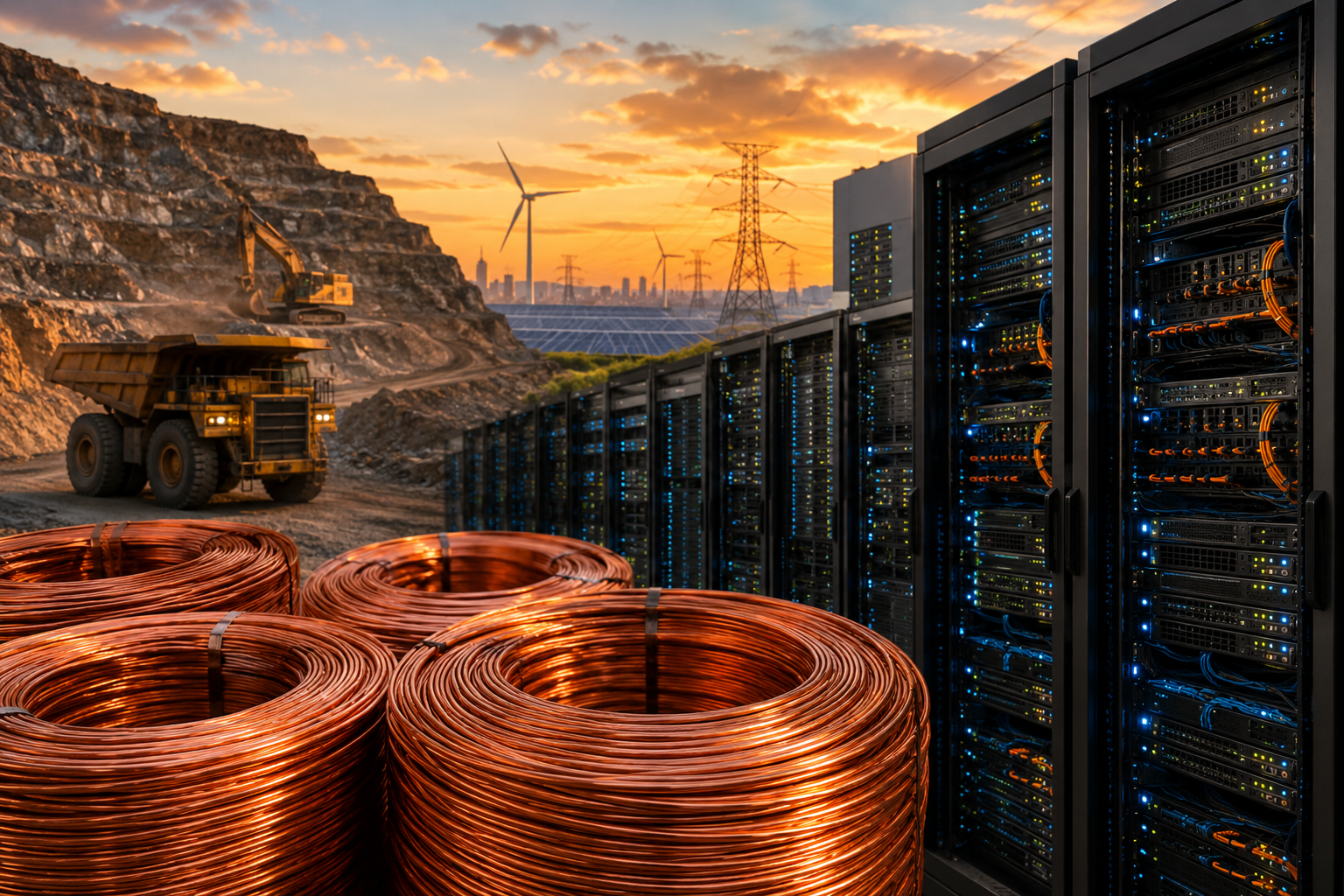 Photorealistic image of copper wire coils beside server racks, mining equipment, power lines, wind turbines, and solar panels at sunset.
