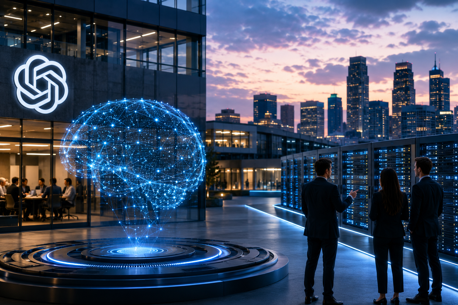 Photorealistic image of a modern AI technology campus with server racks, business professionals, a glowing digital brain, and a city skyline at dusk.