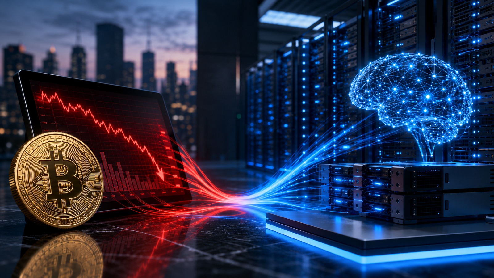 Photorealistic image of a Bitcoin coin beside a tablet showing a declining red market chart, with blue AI server infrastructure and a glowing digital brain in the background.