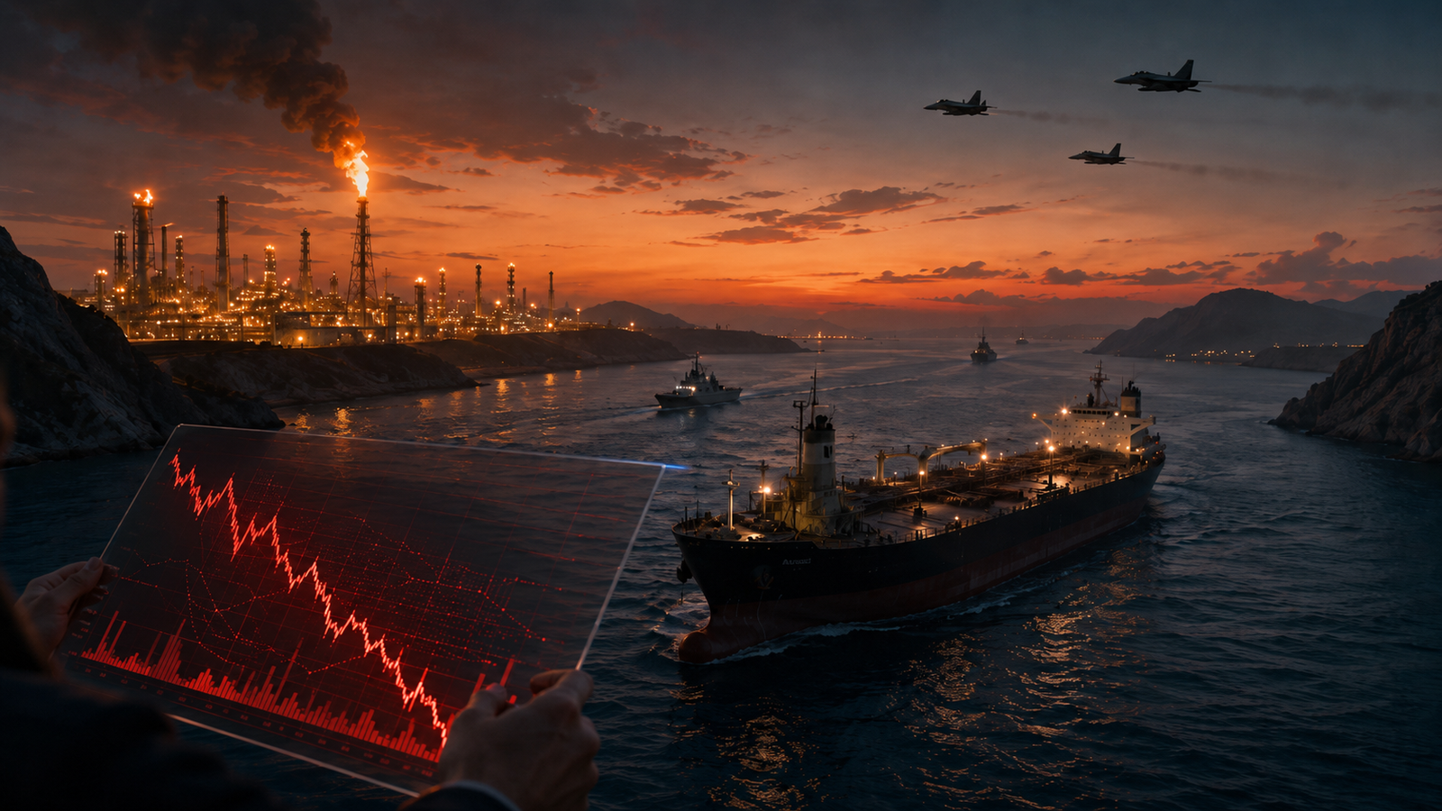 Photorealistic image of an oil tanker moving through a narrow maritime passage near an illuminated refinery, with military aircraft overhead and a red market chart in the foreground.