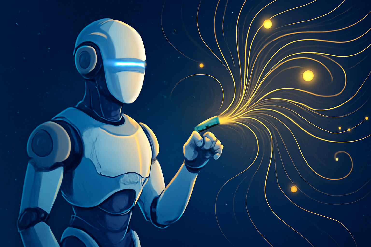 A humanoid robot interacting with glowing golden data lines, symbolizing AI and data flow in the context of advanced technology and innovation.
