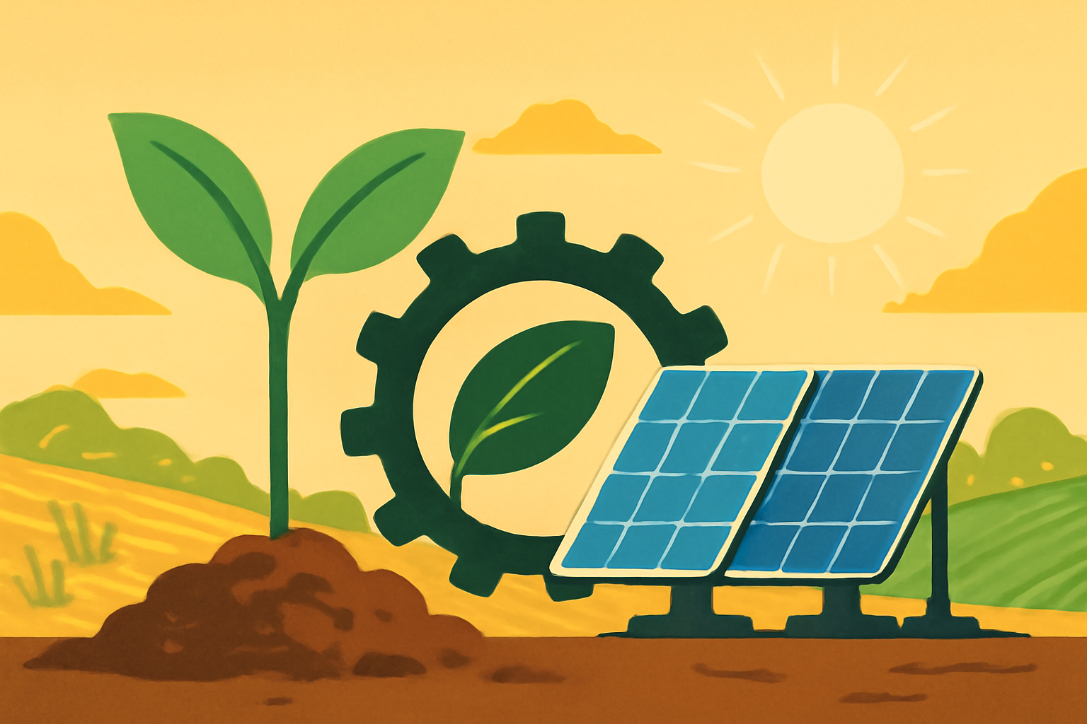 A digital illustration of a young plant, a gear fused with a leaf, and solar panels against a golden sky, symbolizing the harmonious blend of agribusiness and green technology.