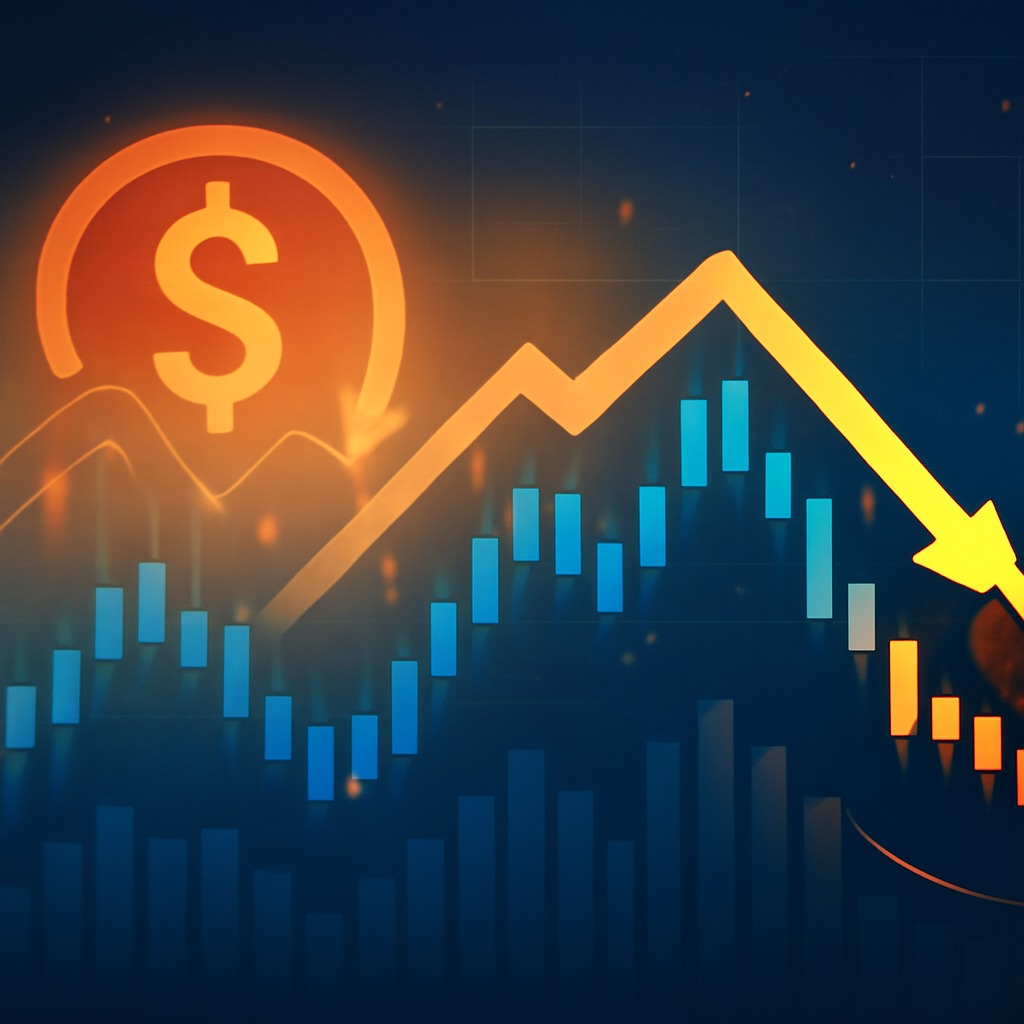 A digital illustration visualizing stock market trends with a candlestick chart, a rising and falling golden arrow, and an inflation symbol set against a dynamic background of blues, oranges, and yellows.