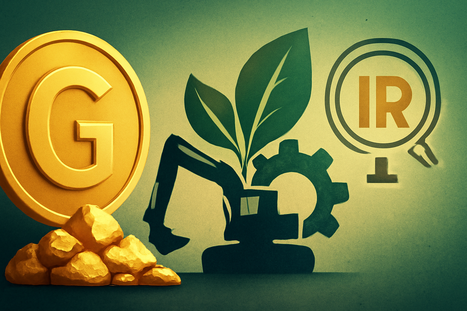 A digital illustration merging gold mining, sustainability, and investor relations, featuring a gold coin, mining excavator, green leaf and gear symbol, and "IR" symbol.