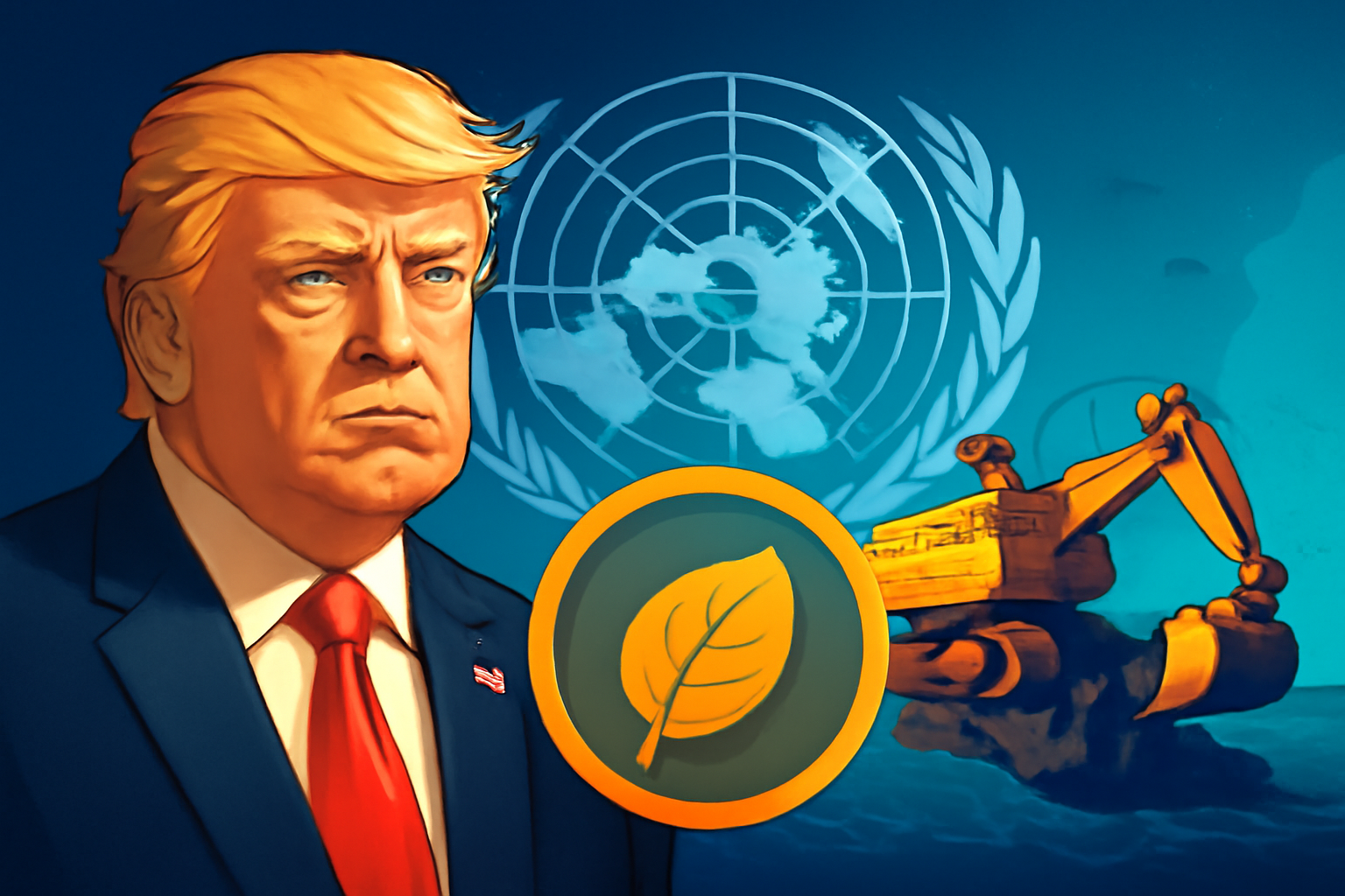 A digital illustration showing Donald Trump in front of a United Nations emblem, with a deep-sea mining vehicle and an environmental icon, symbolizing the political and environmental challenges of seabed mining.