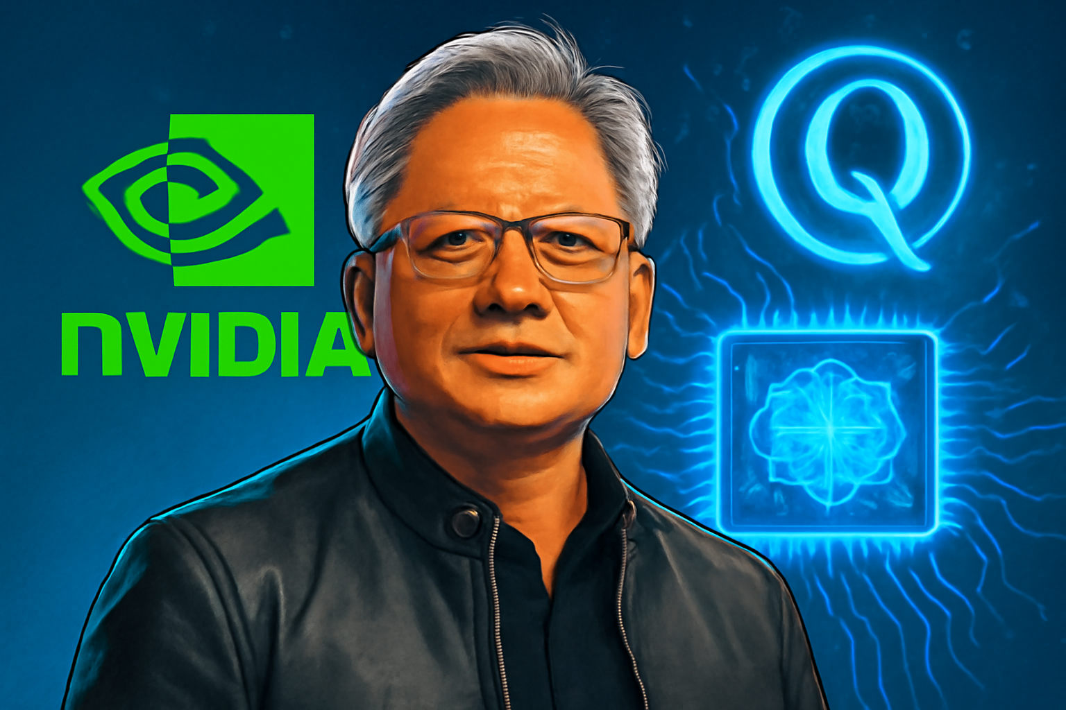 A digital illustration of Jensen Huang, CEO of Nvidia, with a glowing quantum chip and Nvidia’s logo behind him, symbolizing the company's leadership in quantum computing.