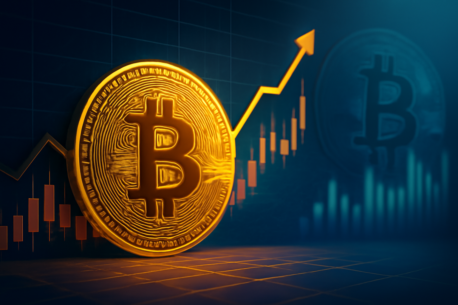 A glowing Bitcoin coin positioned in front of a financial chart showing fluctuating candlesticks and a rising orange line graph, symbolizing Bitcoin’s price surge amidst inflation data.