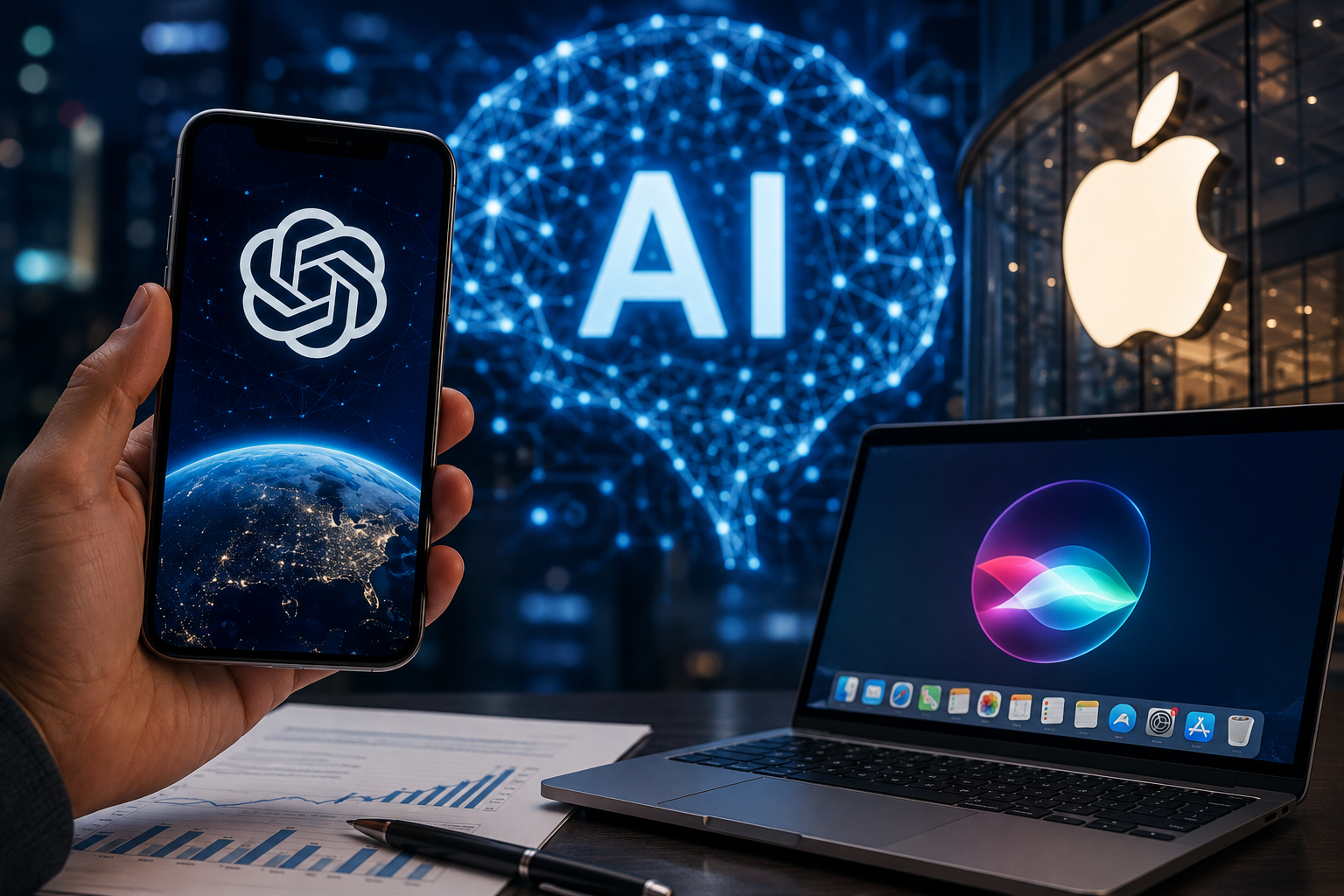 Smartphone, laptop and glowing AI network imagery in a modern financial technology setting.