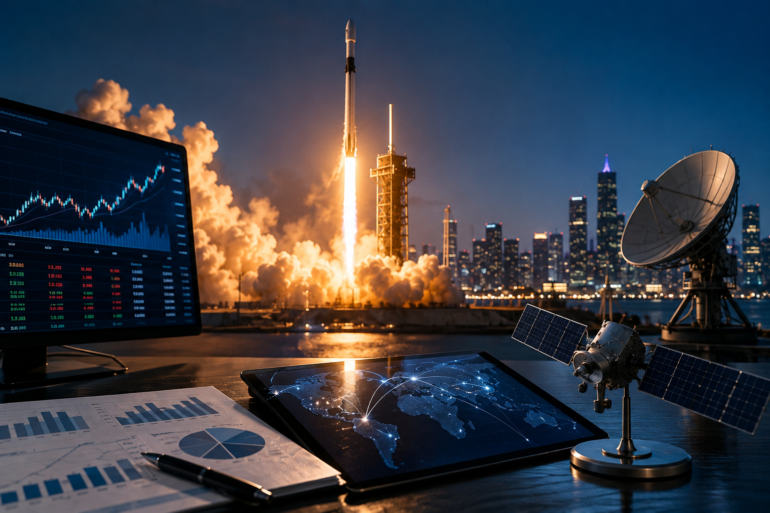 Rocket launching near a city skyline with financial charts, satellite equipment and global connectivity imagery in the foreground.