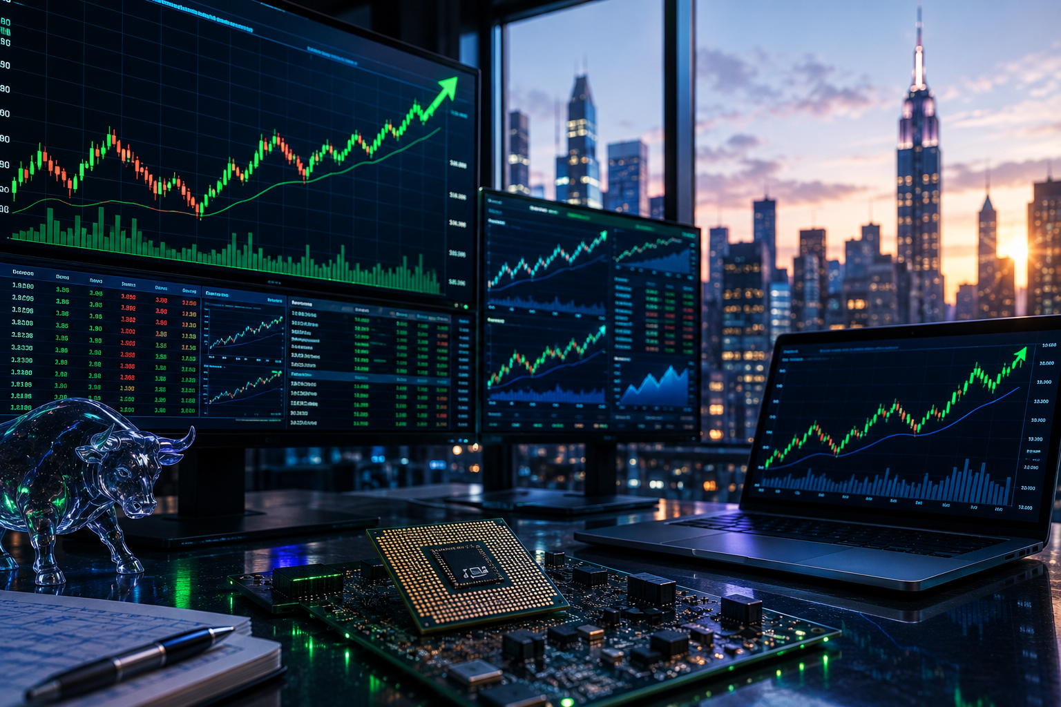 Modern trading desk with rising market charts, semiconductor chip and city skyline at dawn.