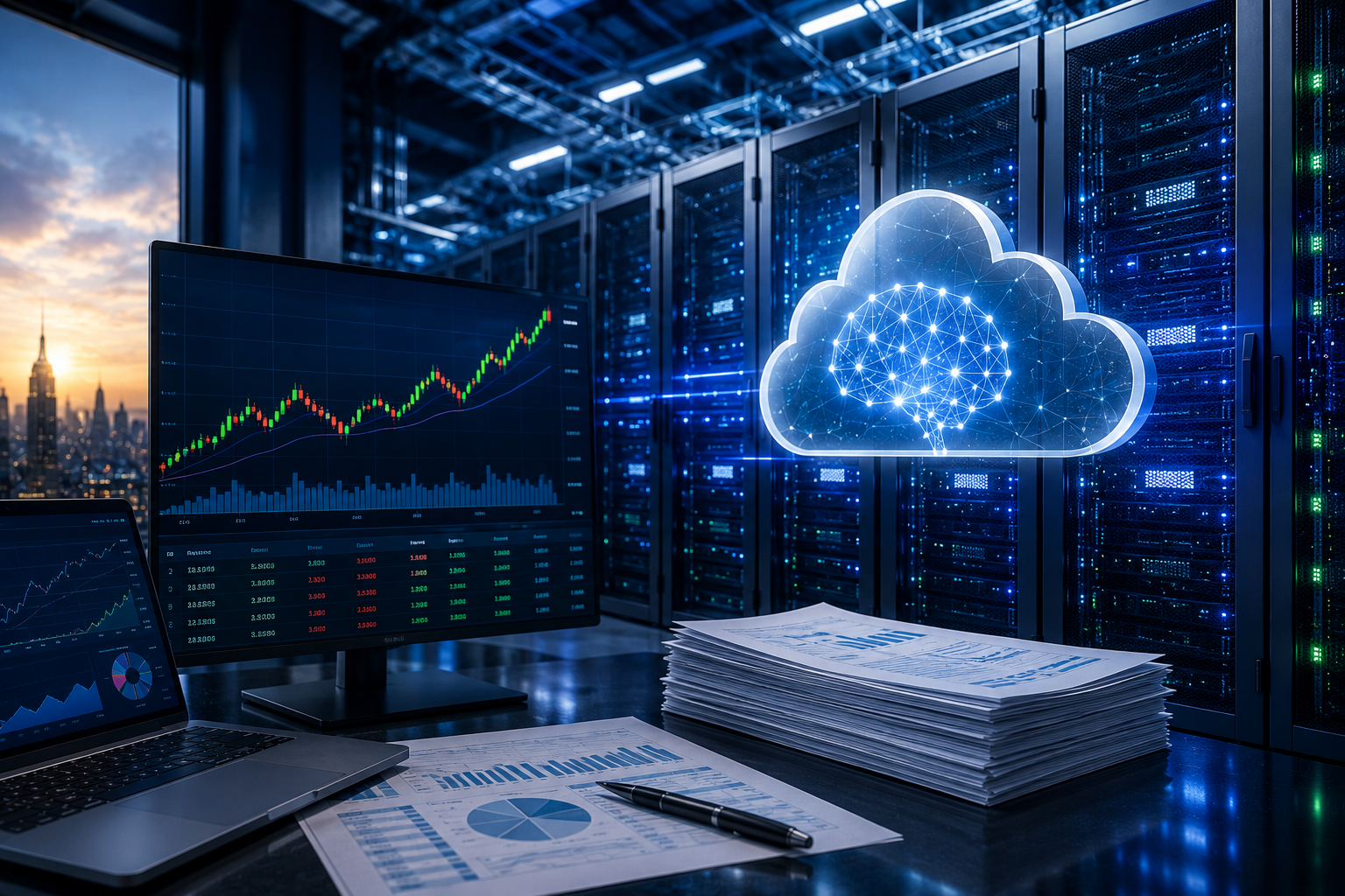 Data center with glowing AI cloud symbol, financial charts and analyst documents in a professional market setting.