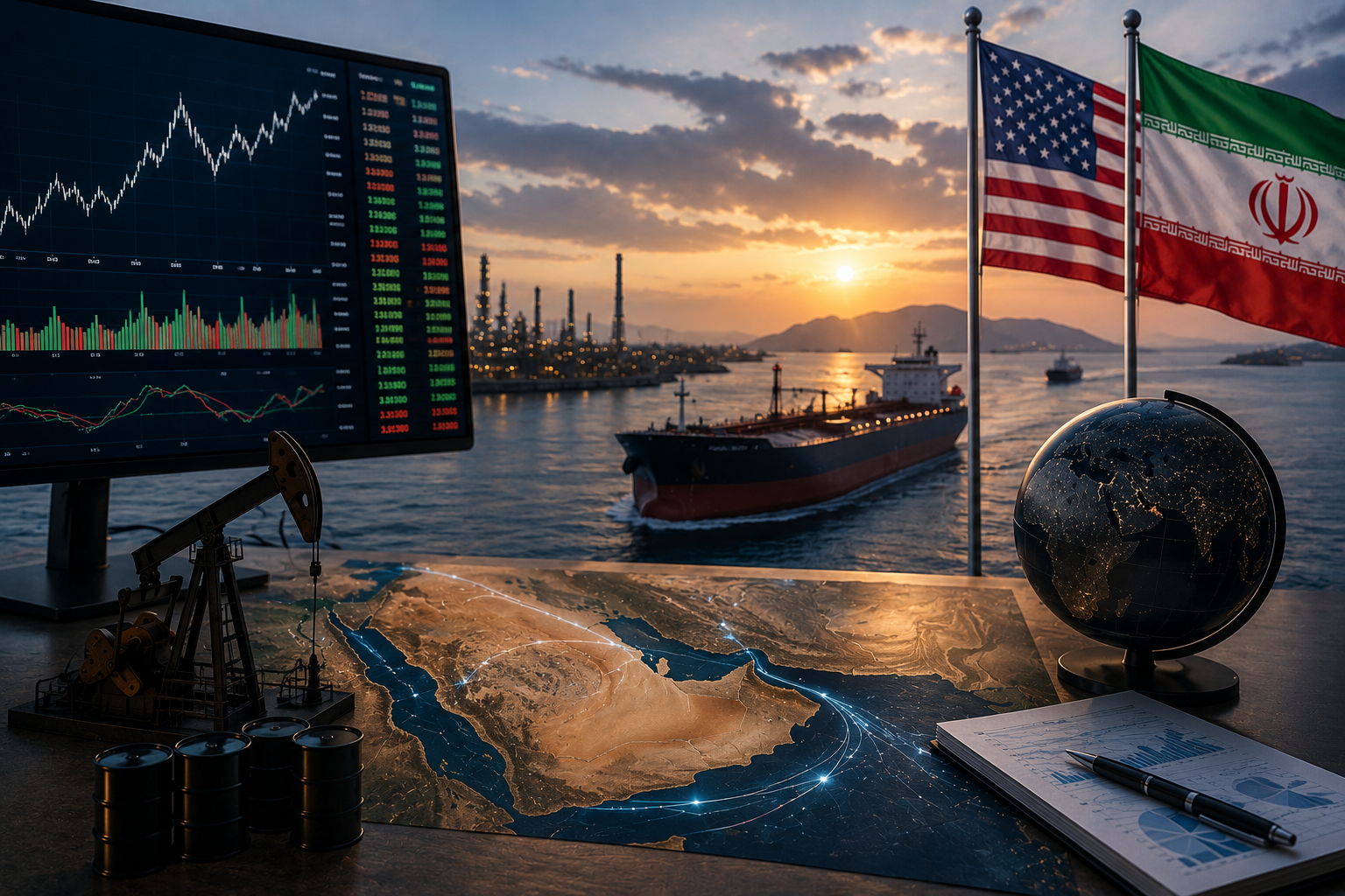 Oil tanker near Middle East shipping routes with market charts, oil barrels and U.S. and Iranian flags in a financial analysis setting.