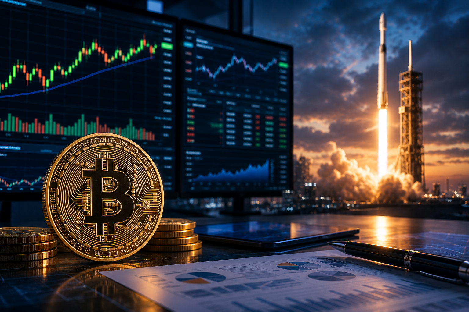 Bitcoin coin on a trading desk with market charts and a rocket launch in the background.