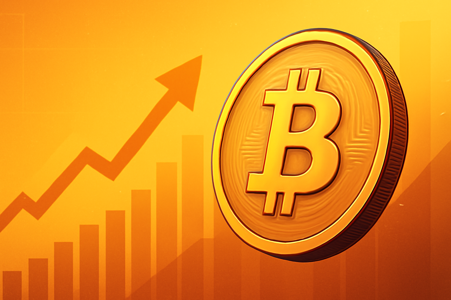 A symbolic illustration of a golden Bitcoin rising against abstract financial charts and an upward arrow, signifying growth in the cryptocurrency market.