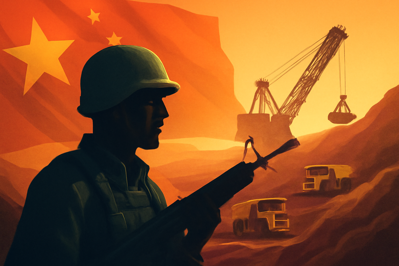 A soldier stands in profile against the backdrop of a Chinese flag and rugged mining operations, with excavators and trucks symbolizing the industrial aspect of rare earth mining.