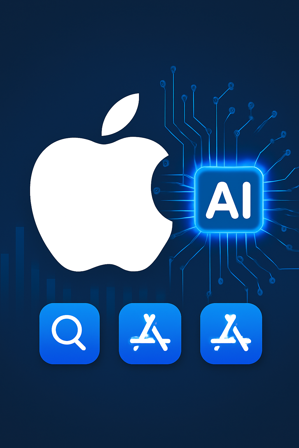 A symbolic digital illustration showing the Apple logo connected to an AI icon, with app icons and data flow represented by glowing circuit lines on a blue gradient background.