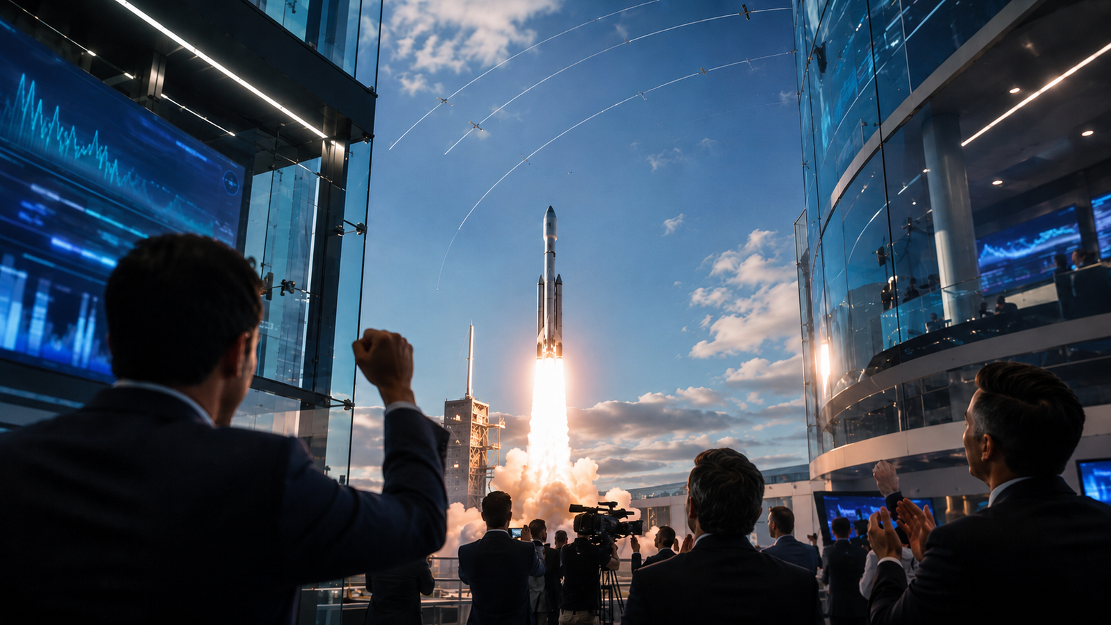 A rocket lifts off behind a modern glass trading floor as investors and media watch, symbolizing SpaceX’s historic market debut.
