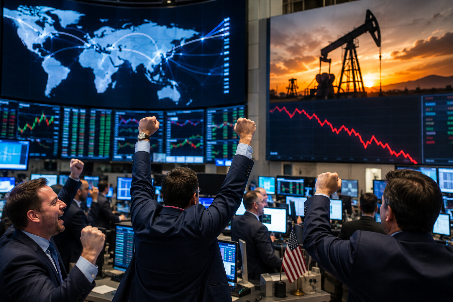 Traders celebrate on a busy financial trading floor as screens show global market activity, oil infrastructure, and declining crude price trends.