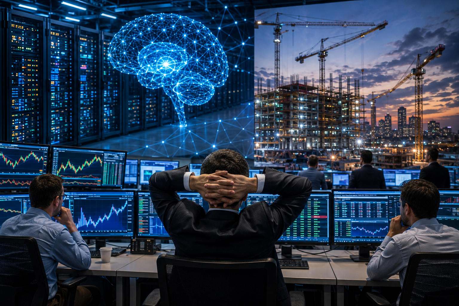 Investors monitor financial markets in a high-tech trading room with glowing AI imagery, server racks, and data center construction in the background.