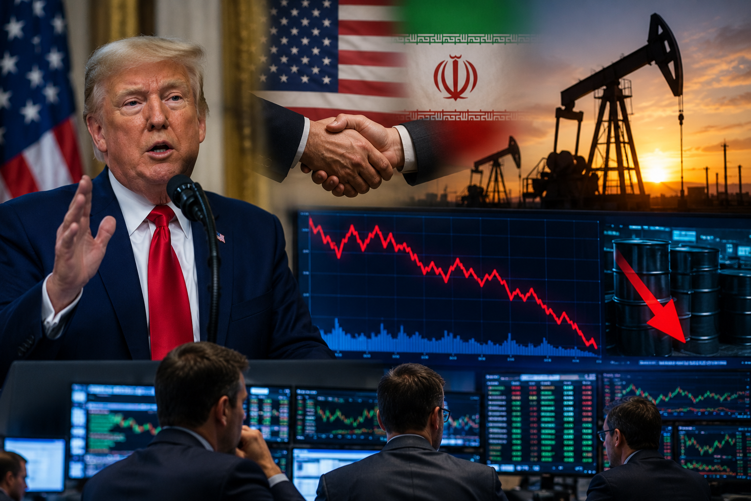 A financial trading room watches political and energy market imagery showing U.S.-Iran diplomacy, oil pumps, and declining crude price charts.
