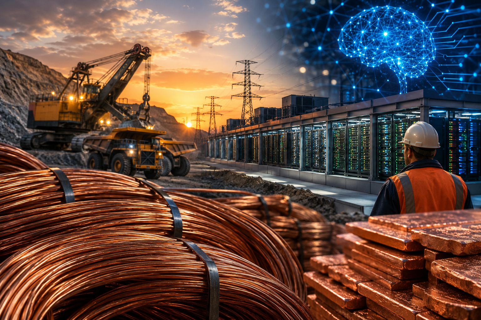 Copper wires and metal ingots sit beside mining equipment, power lines, data center servers, and a glowing AI network visualization.