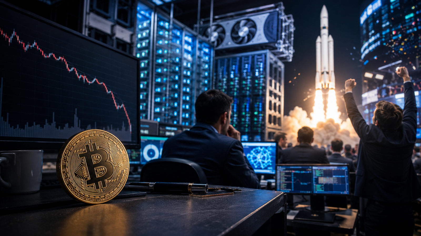 A Bitcoin coin sits beside market screens showing a falling chart while AI data centers and a rocket launch draw investor attention in the background.