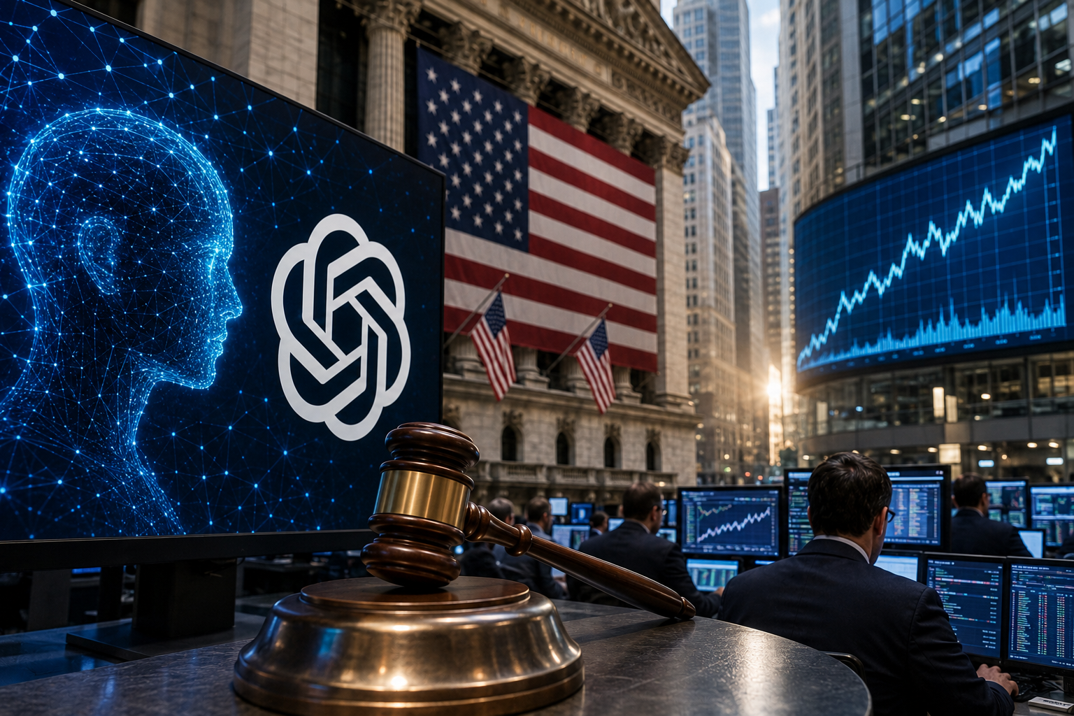 A high-tech financial district scene shows AI imagery, a stock exchange setting, market screens, and a ceremonial gavel symbolizing a major public listing.