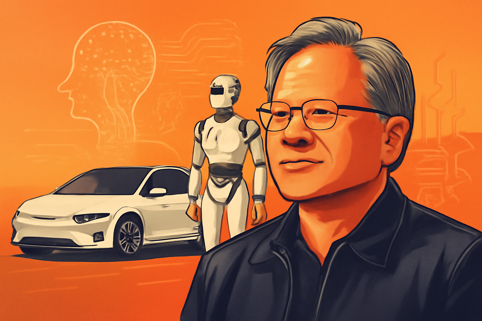 Portrait of Jensen Huang with a humanoid robot and autonomous car on a tech-themed backdrop
