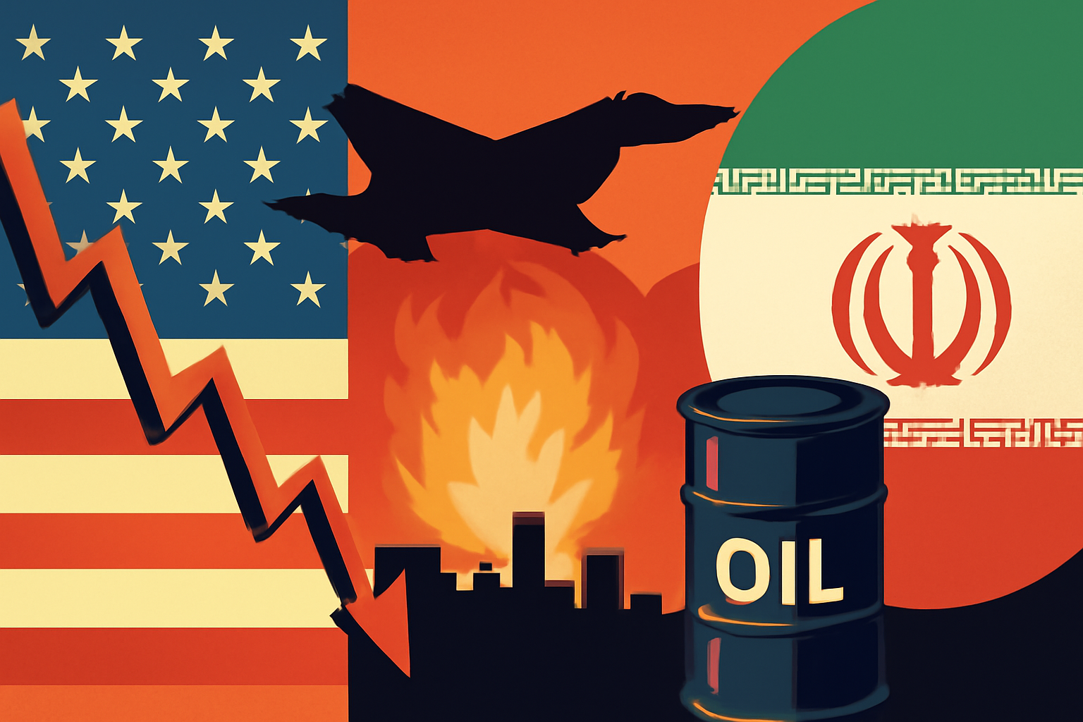 Illustration with American and Iranian flags, falling stock arrow, military jet, explosion, and oil barrel