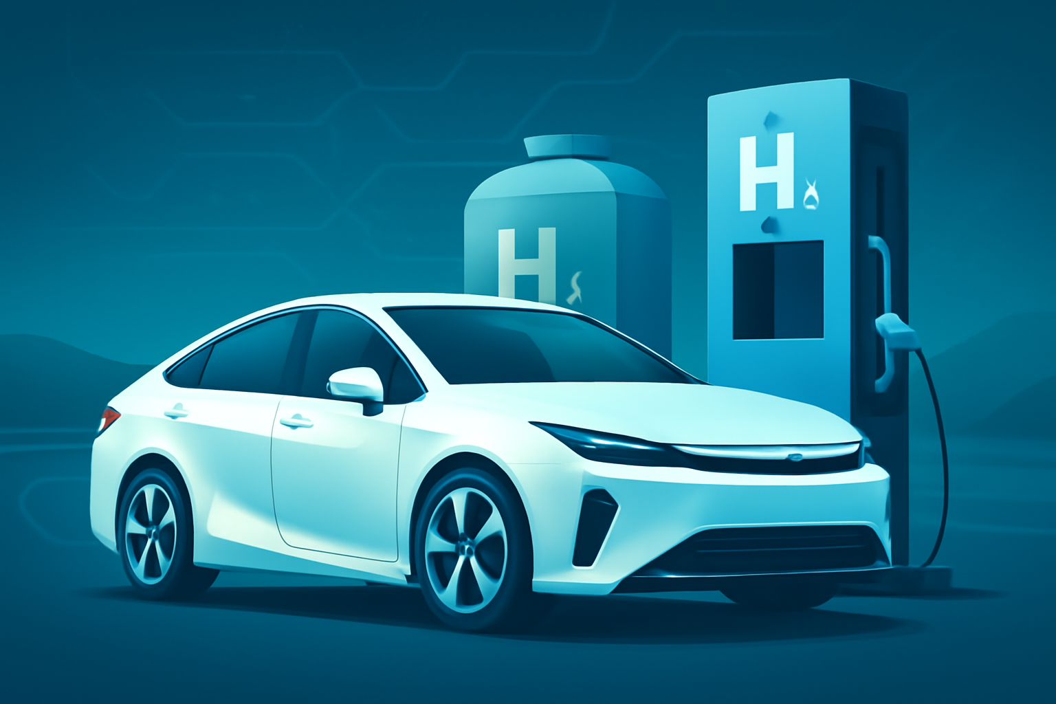 A futuristic white fuel cell electric vehicle next to a hydrogen pump and storage tank