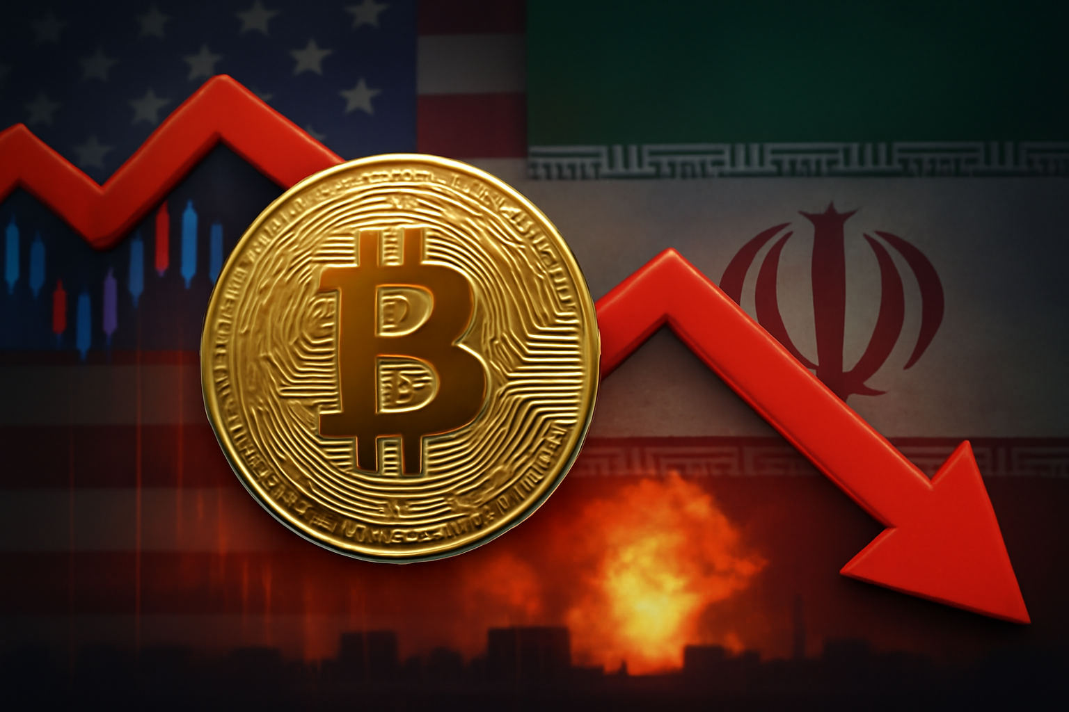Golden Bitcoin symbol over a red downward arrow, with U.S. and Iranian flags and explosion in the background