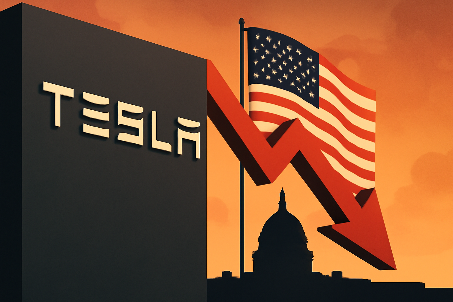 Tesla logo with red downward arrow, U.S. flag, and government building under an orange sky