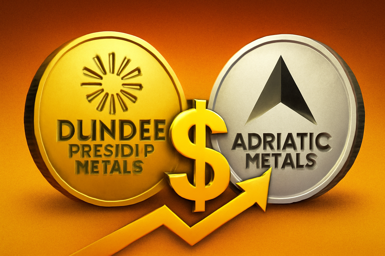 Gold and silver coins symbolizing Dundee Precious Metals and Adriatic Metals with a dollar sign and upward arrow