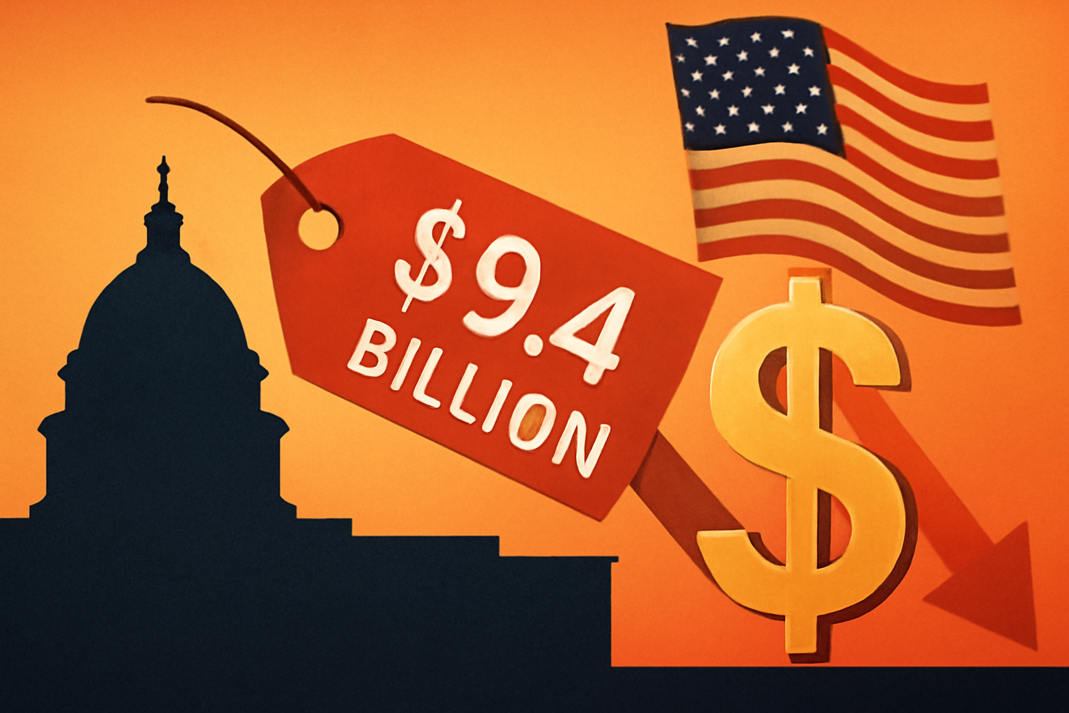 U.S. Capitol silhouette with a $9.4 billion price tag, dollar sign, downward arrow, and waving American flag