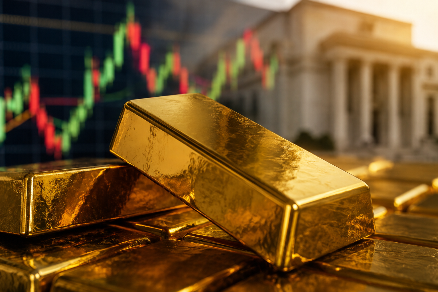 Photorealistic close-up of stacked gold bars illuminated by warm light, symbolizing financial markets and safe-haven assets during economic uncertainty.