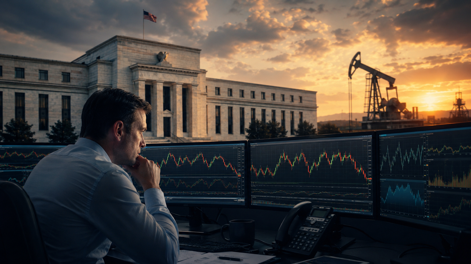 Investor studying market charts on multiple monitors with a Federal Reserve-style building and oil pumpjack in the background at sunset.