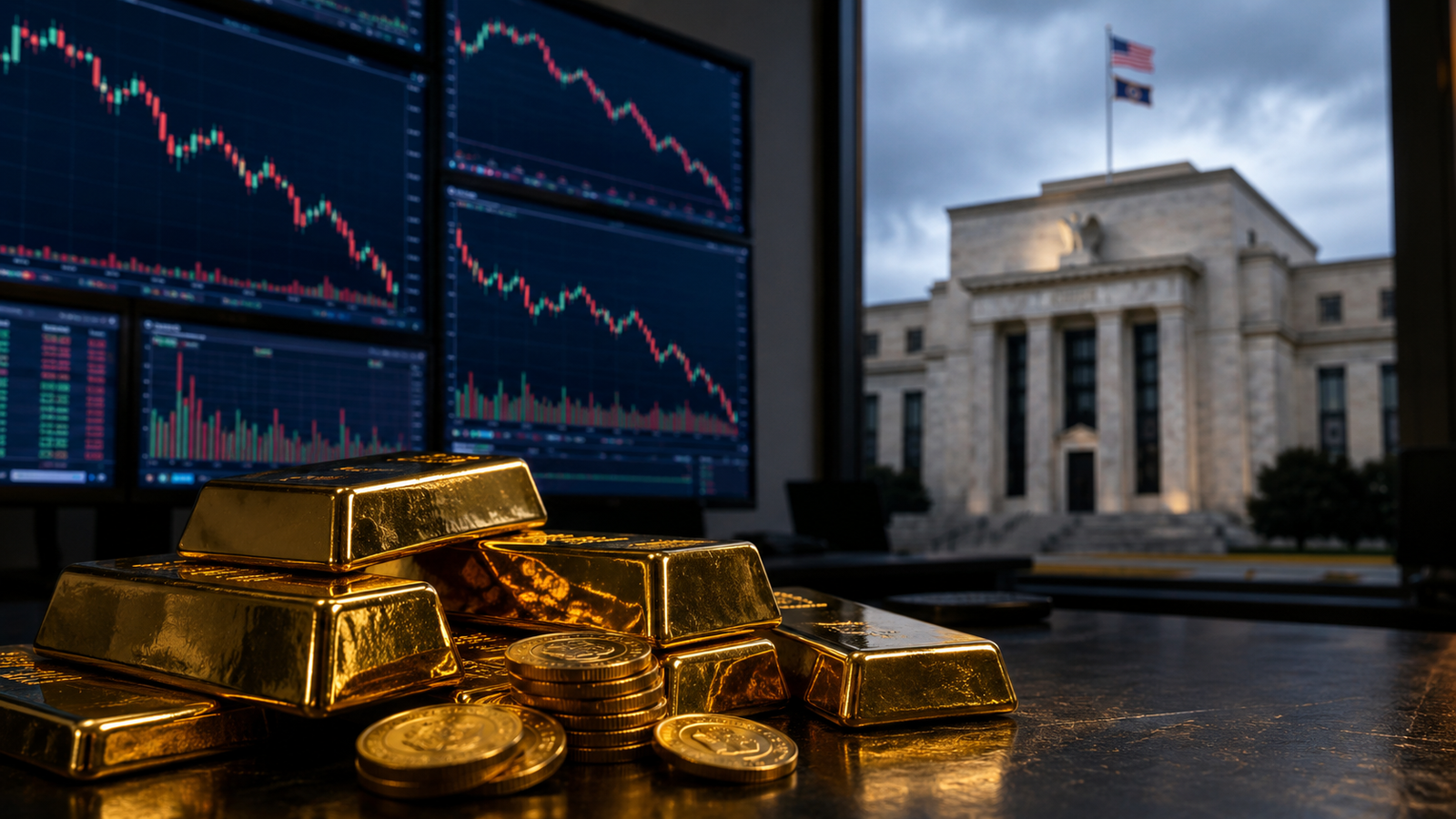 Gold bars and coins on a trading desk with falling market charts and a Federal Reserve-style building in the background.