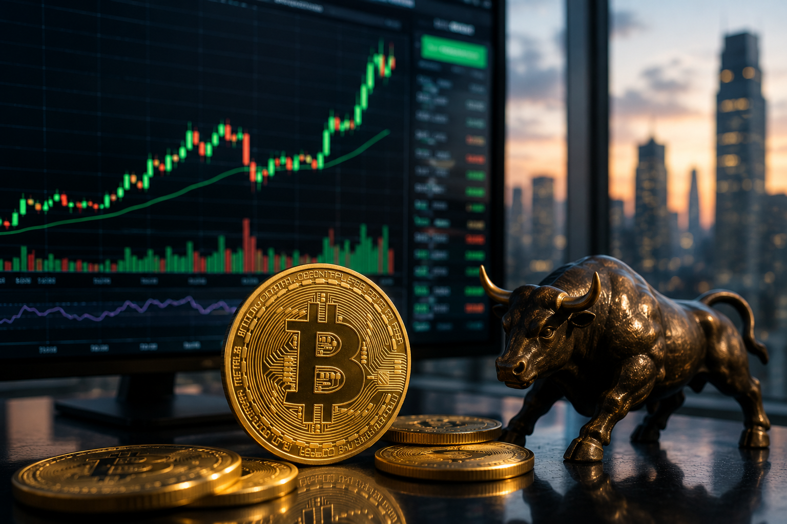 Bitcoin coins beside a bronze bull statue on a trading desk with a rising crypto market chart in the background.