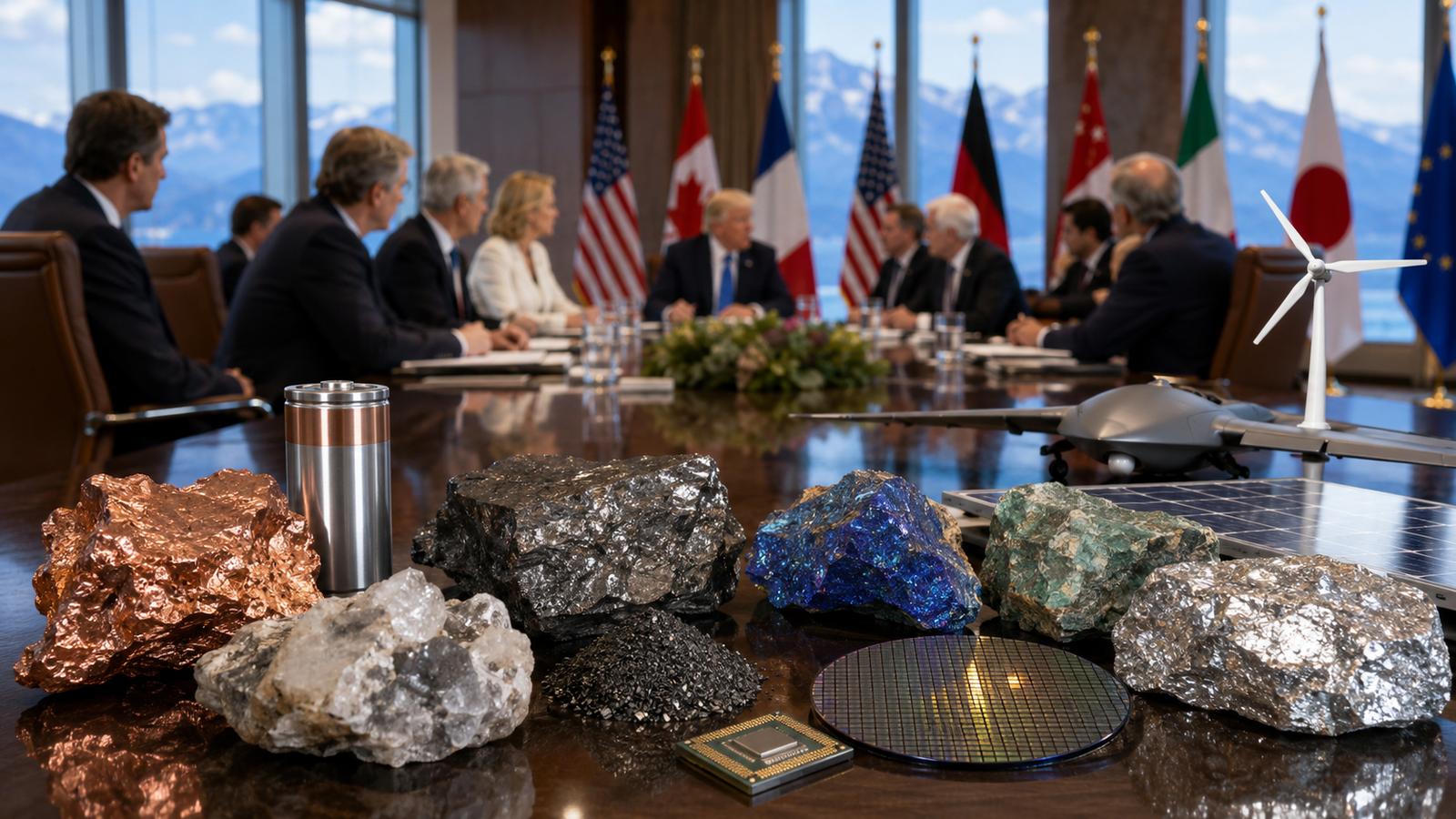 Critical mineral samples, a semiconductor wafer, battery cell, drone, and renewable energy model on a conference table during a G7-style strategic meeting.