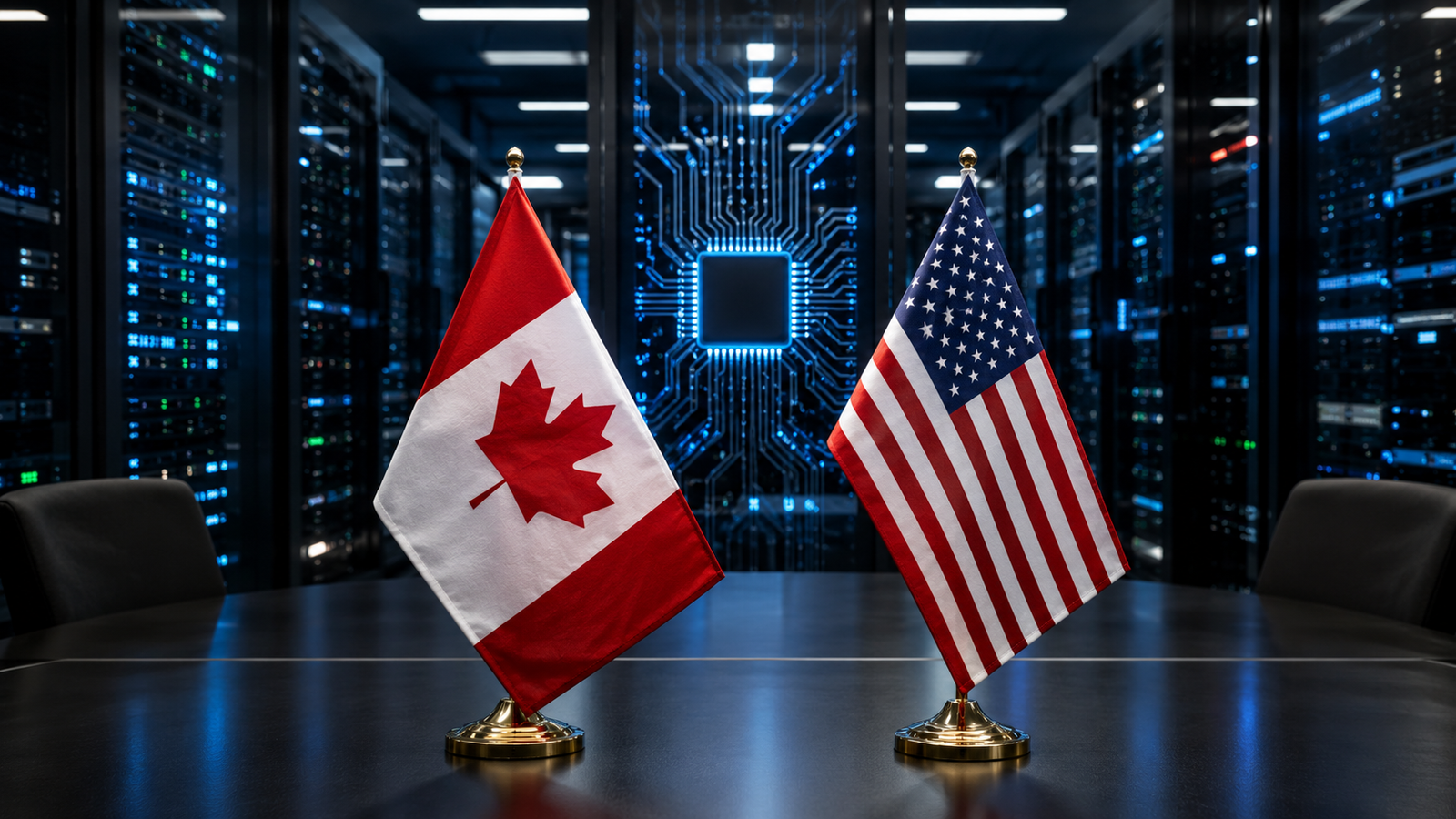 Canadian and U.S. flags on a conference table in a modern data center, with glowing server racks and an AI chip symbol in the background.