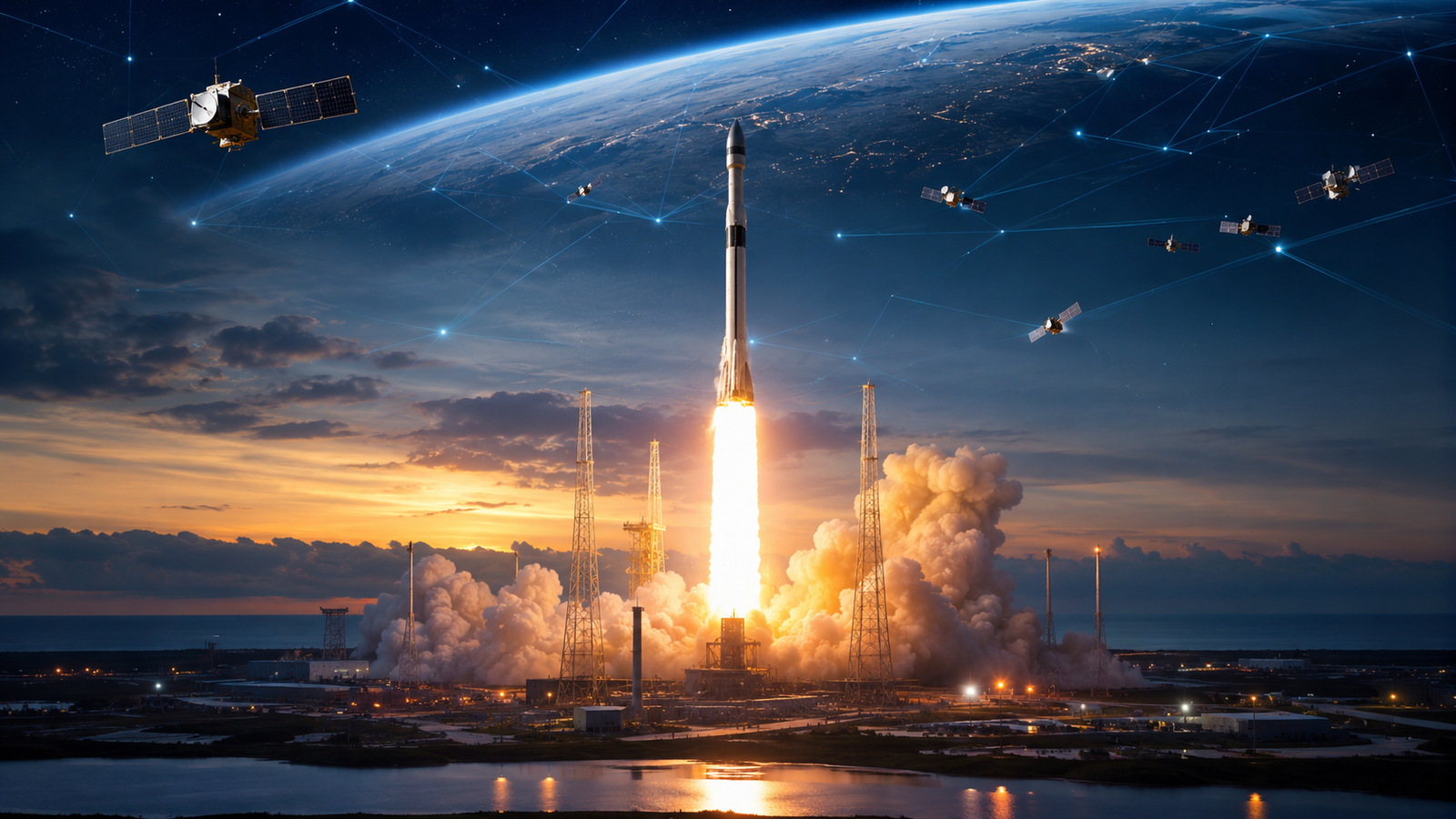 A rocket launches from a coastal space facility at dusk, with satellites and glowing data-network lines orbiting above Earth.