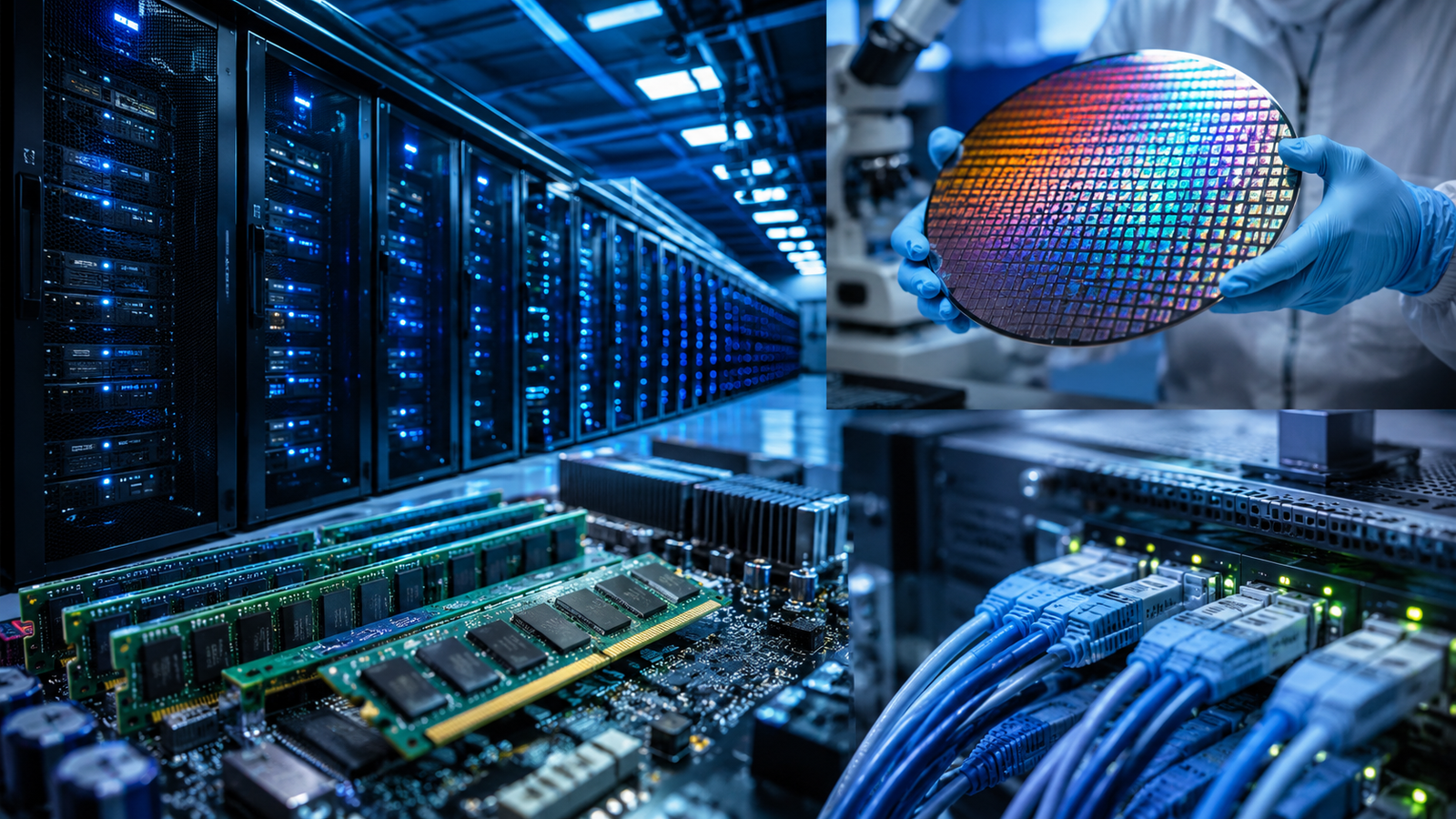 Server racks, memory modules, network cables, and a semiconductor wafer in a high-tech data center and chip lab environment.
