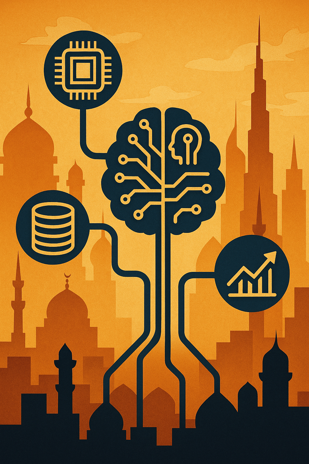 Stylized illustration of a neural circuit brain with tech and finance icons, set against a Middle Eastern city skyline in warm sunset hues.