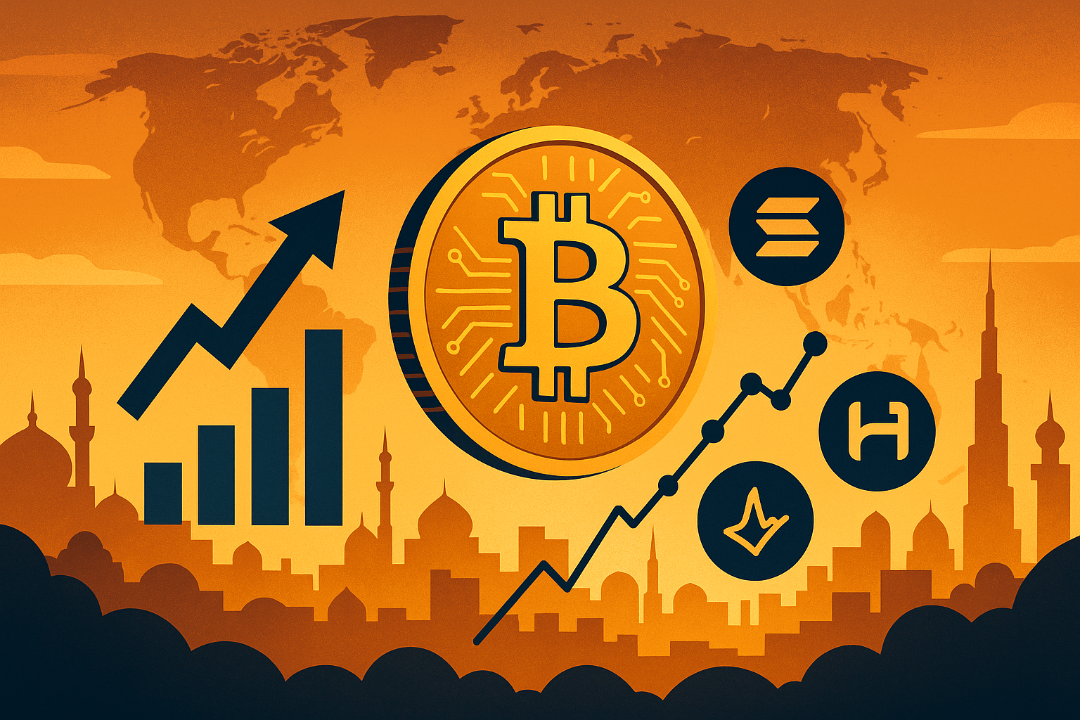 Symbolic illustration of a glowing Bitcoin at the center of a crypto-themed landscape, with a bar chart, upward trend line, altcoin symbols, and a Middle Eastern city skyline beneath a world map backdrop.