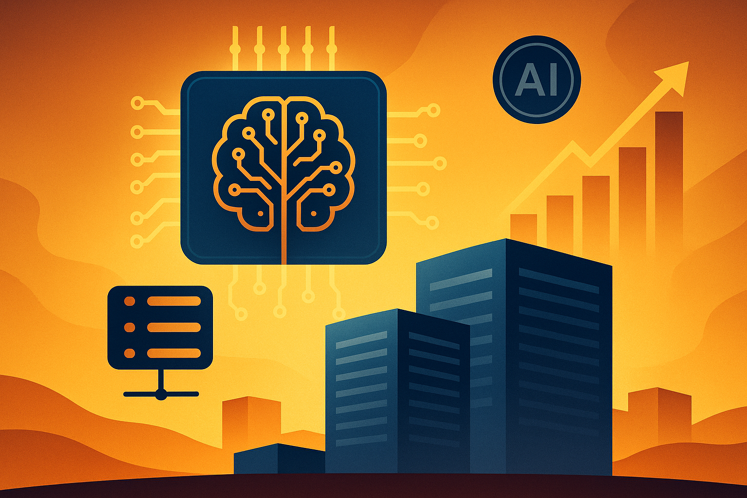 Illustration of a glowing AI microchip connected to server icons and data center buildings, with charts and warm orange tones depicting technological growth.